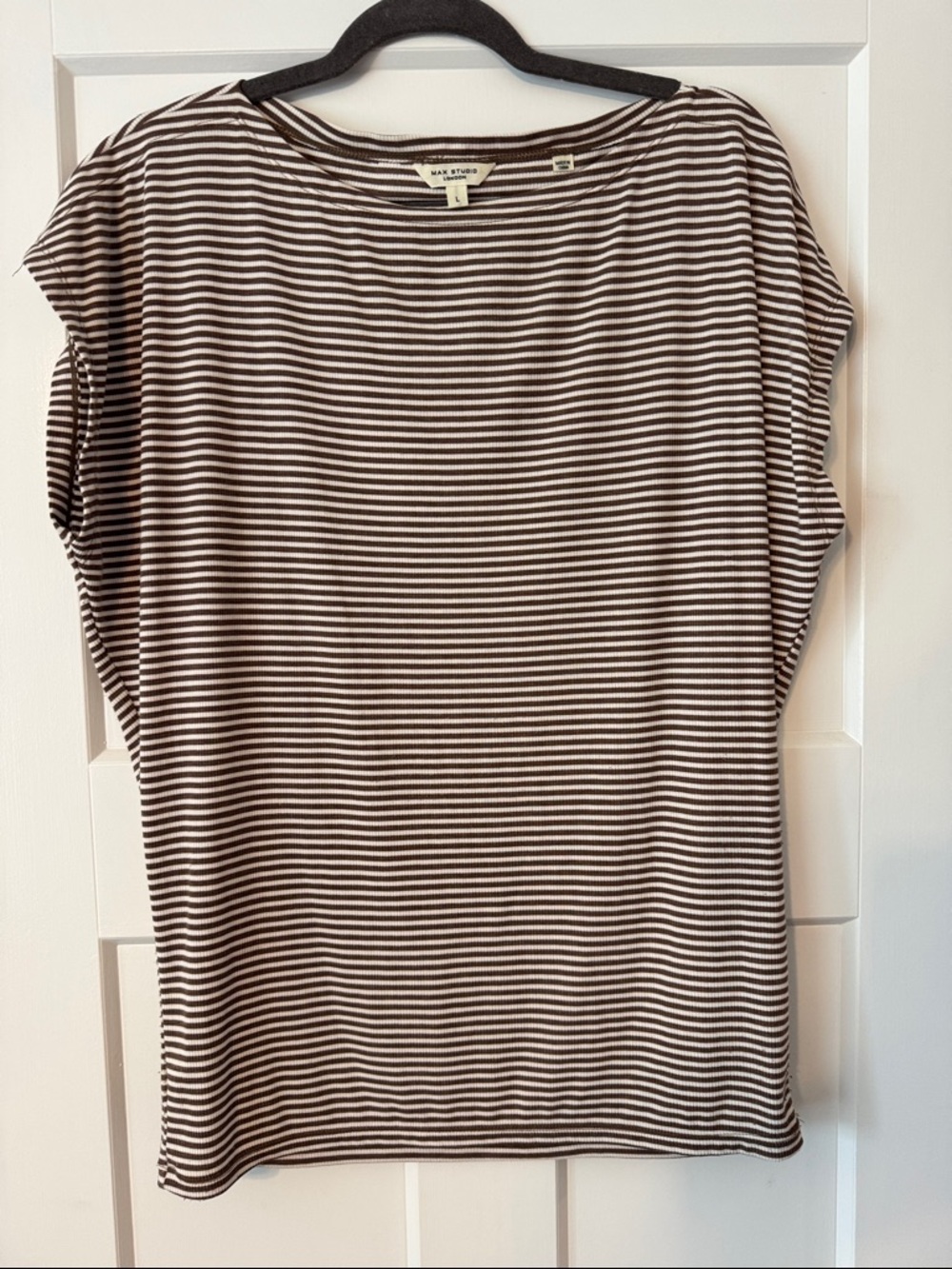 Max Studio London Brown & White Striped Boatneck Tee